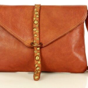 MARCO MAZZINI Torebka listonoszka kopertówka z dżetami skóra naturalna leather clutch camel