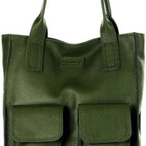 Torebka Skórzana Typu Shopper z Kieszeniami – Zielony Khaki